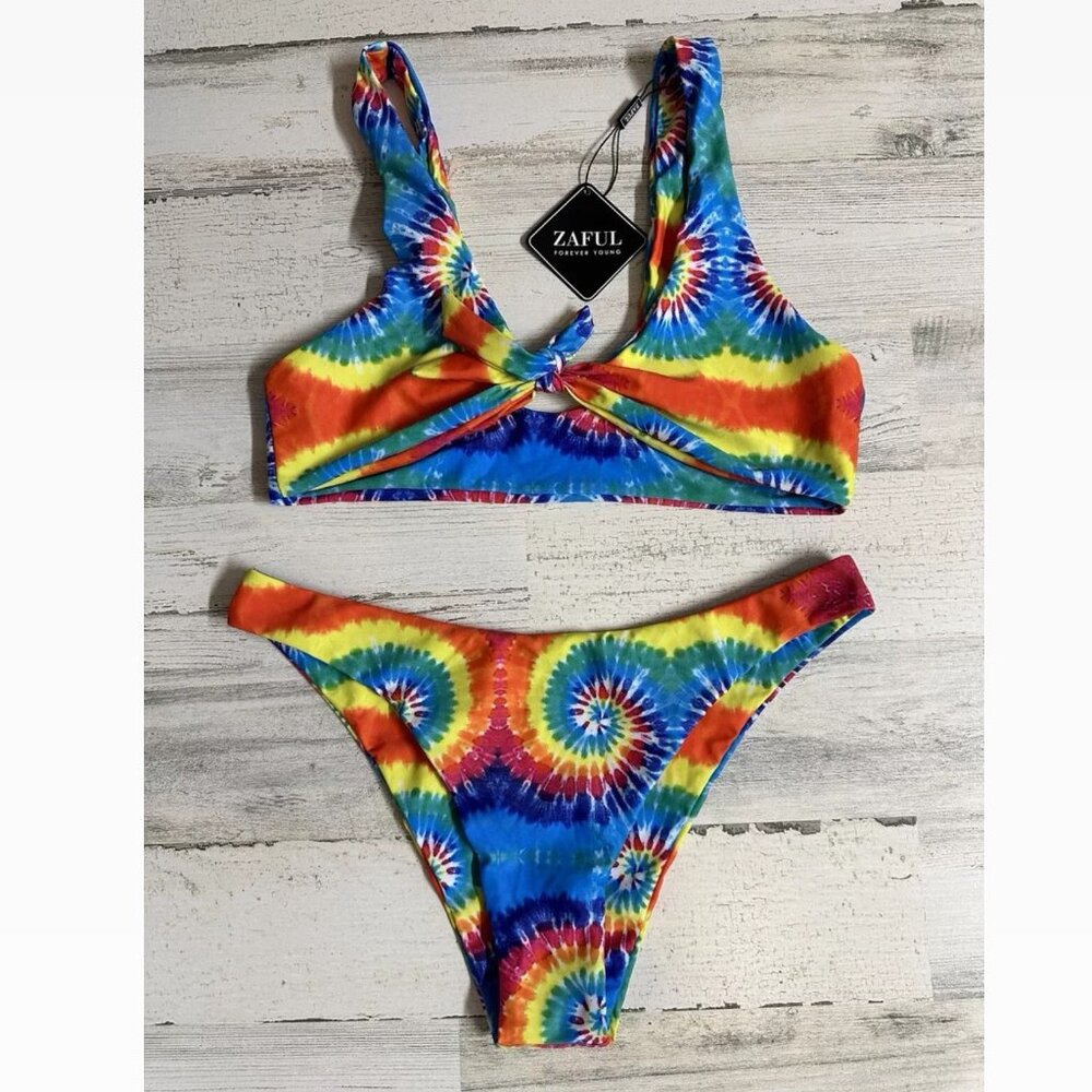 Zaful Tie Dye Rainbow Tye Womens Size Large 2 Pc Swim Set Bikini Swimsuit NEW!